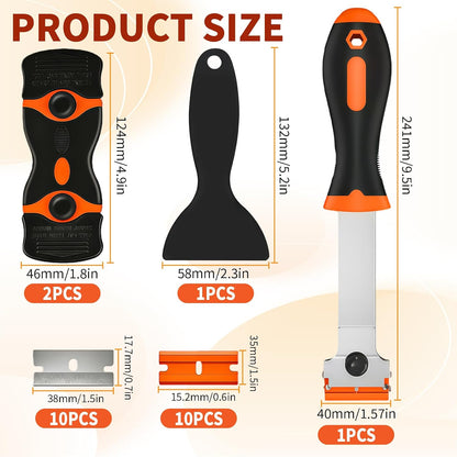 Razor Blade Scraper Tool -4 Pack Cleaning scrapper with 10 Metal & 10 Plastic Razor Blades Multi-Purpose Glass Scraper for Windows, Sticker, Decals, Cooktop, Paint Removal,Stovetop(Orange)