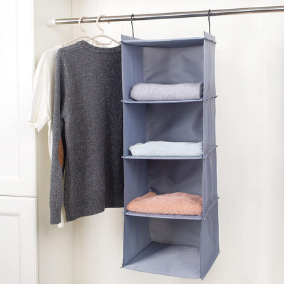 Hanging Closet Organizer 3-Shelf, Oxford Fabric Wardrobe Storage, Gray | Easy-mount foldable design holds clothes, handbags, shoes & accessories; washable Oxford fabric, sturdy and space-saving.