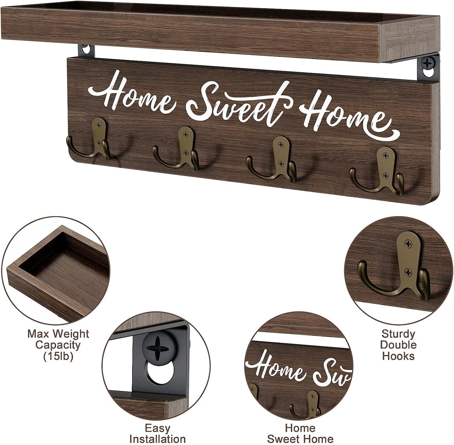 buways Key Holder Wall Mount with 4 Double Hooks-Solid Wood Wall-Mounted Organizer for Keys&Mail Rustic Key Rack Hanger Holder Home Decor for Entryway Living Room (Gray)