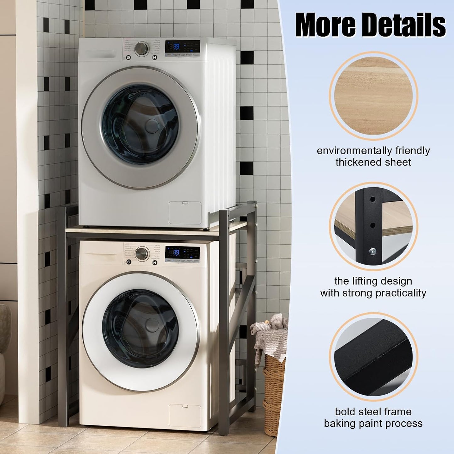 Over The Washer Storage Shelf, Heavy Duty Adjustable Laundry Rack with Laminate Countertop, Space-Saving Utility Organizer for Detergent, Towels & Supplies, Fits Top Load Washers & Dryers (Black)