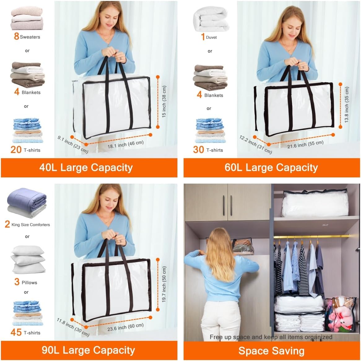 Vieshful 3 Pack Clear Clothes Storage Bag, 40L Plastic Blanket Storage Bag with Zipper, Foldable Closet Organizer, Moving bags for Comforter, Blanket, Bedding, Duvet, Toys