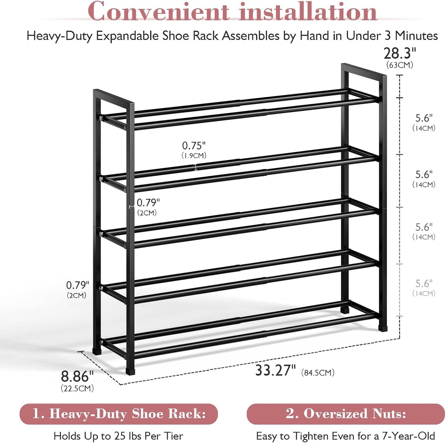 Bumusty 3-Tier Expandable Shoe Rack for Closet, 18“-33” Adjustable Shoe Rack for Small Space, Small Shoe Organizer for Front Door, Sturdy Metal, Black