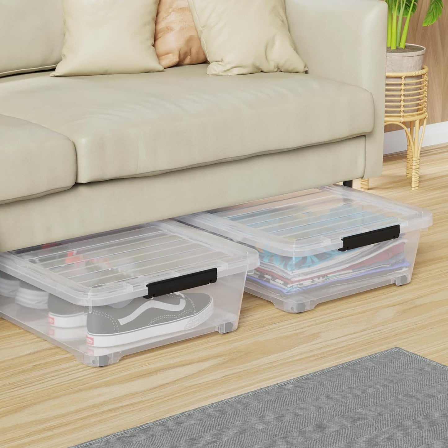 Hespama 3 Pack Plastic Rolling Storage Box Bin for Under the Bed, 20 Quart | Lidded Storage Container Bin, Clear