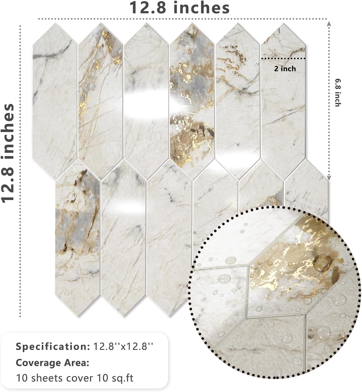 Vamos Tile Glossy Dolomite White Backsplash Tile Peel and Stick, 12.8 x 12.8 Inch 10 Sheets Long Hexagon PVC Self Adhesive Mosaic Wall Tiles Stick on Backsplash for Kitchen and Bathroom