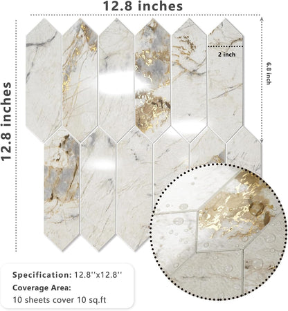 Vamos Tile Glossy Dolomite White Backsplash Tile Peel and Stick, 12.8 x 12.8 Inch 10 Sheets Long Hexagon PVC Self Adhesive Mosaic Wall Tiles Stick on Backsplash for Kitchen and Bathroom