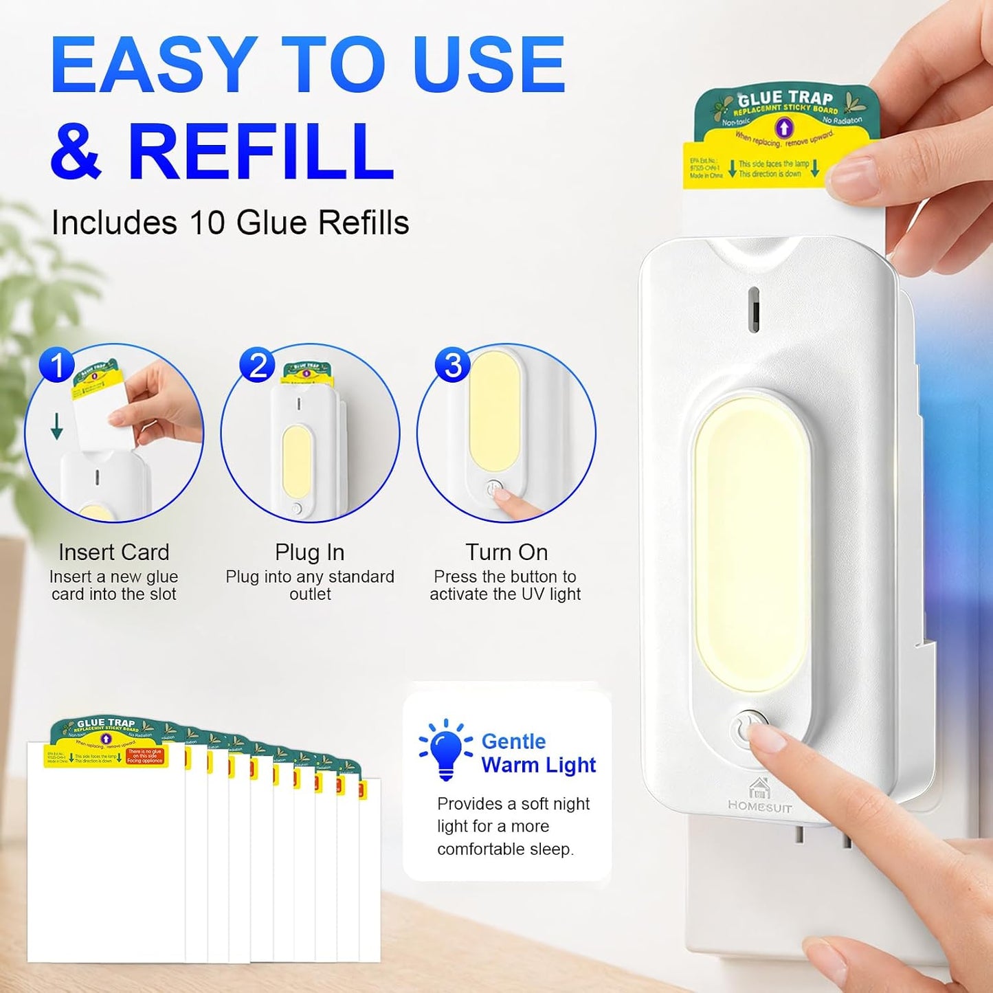 Homesuit Plug-in Fly Trap Indoor, 5W UV & Small Night Light Insect Trap with 10 Sticky Glue Cards, Flying Insect Catcher for Gnats, Moths in Home, Kitchen, Bedroom