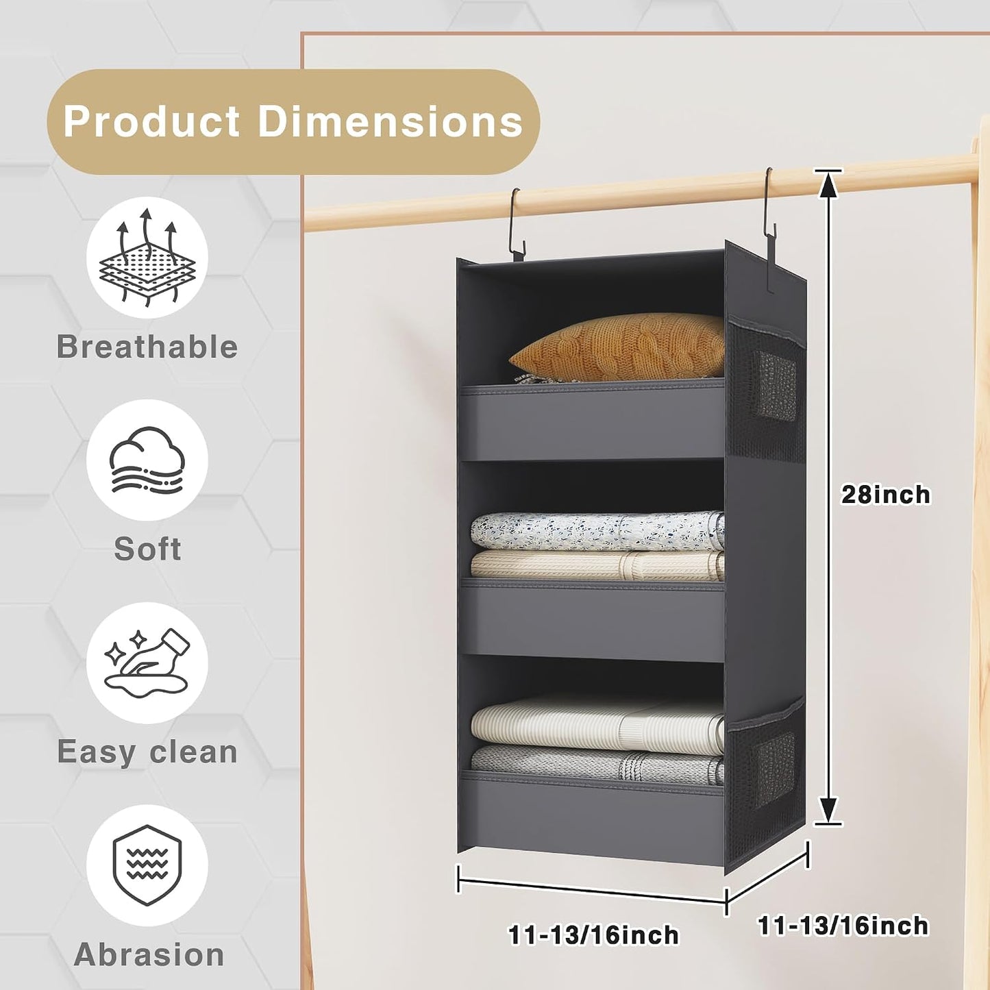 3-Shelf Hanging Closet Organizer, Washable Foldable Storage, Dark Gray | Front lip keeps items secure; side pockets add room; Oxford fabric handles towels, shirts, baby items, dorms, RVs or travel.