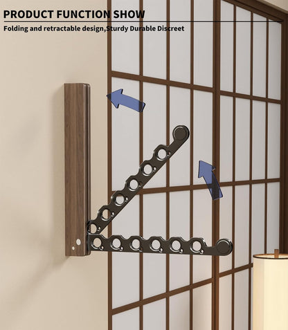 Natural Wood Folding Clothes Hanger Rack for Laundry Room, Wall Mounted Clothes Drying Rack, Laundry Drying Rack Foldable, Perfect for Small Spaces, Walnut Wood Black
