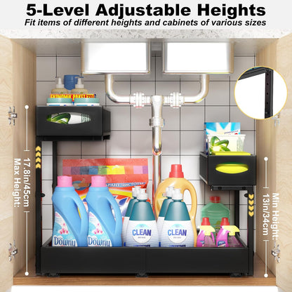 Housolution Under Sink Organizer, 2-Tier Pull Out Cabinet Organizers, Expandable Width 14"-21" & Adjustable Height 13"-17", Metal Cabinet Storage Rack with 3 Slide Rails for Kitchen Bathroom