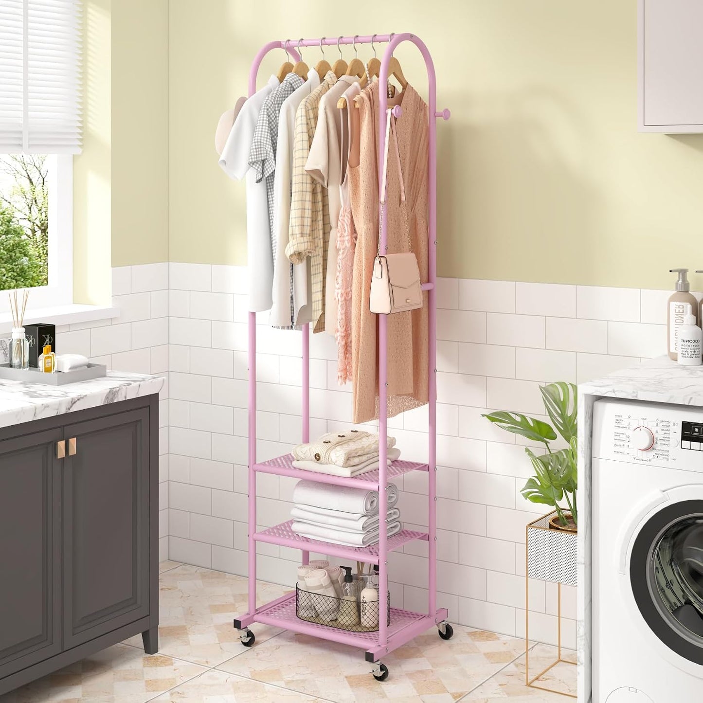 Kaitiemoo Heavy Duty Clothing Rack with Wheels,Modern Garment Rack with 3 Metal Shelves, 71.8Inches Display Rack for Hanging Clothes, Hanging Rod for Small Spaces,White