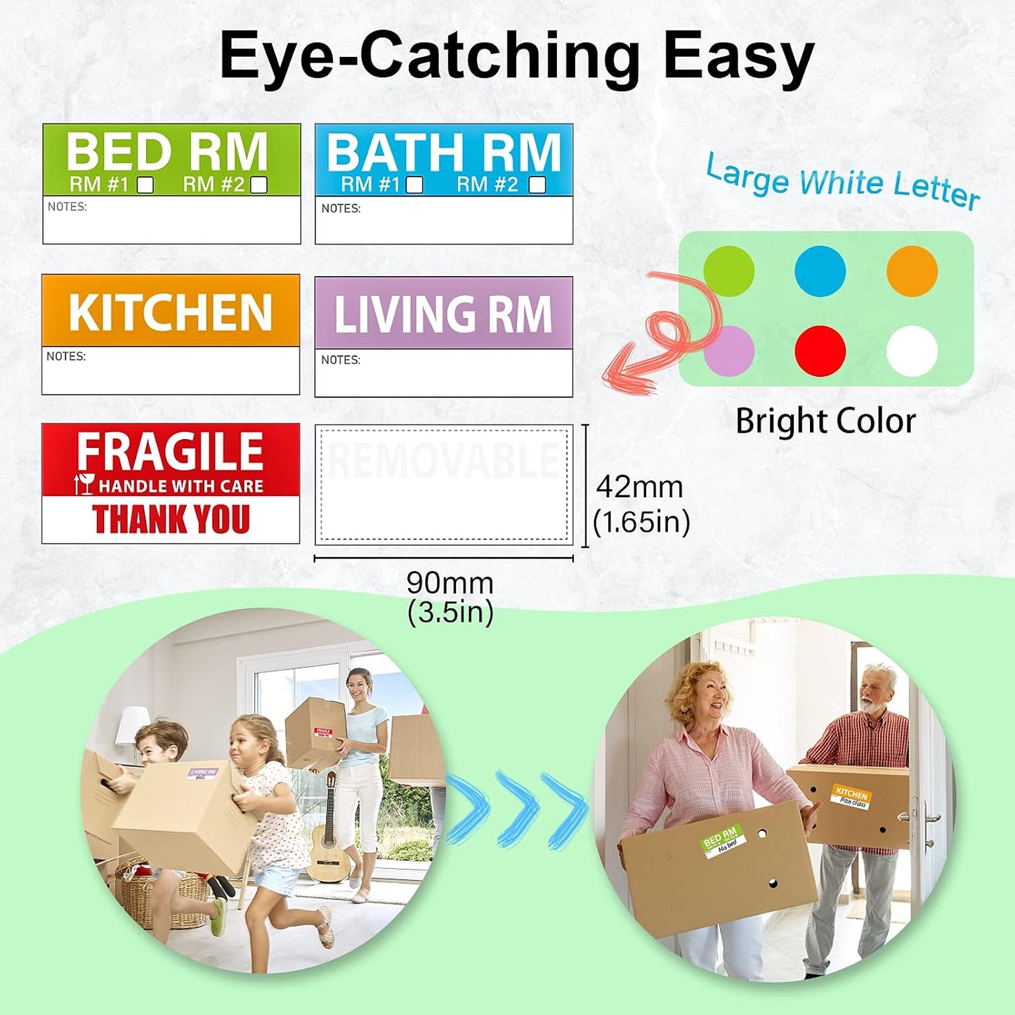 Yoget 42x90mm Large Home Moving Labels for Apartment Moving, 4 Different Color Coded Packing Stickers + 40Pcs Fragile Stickers + 40 Pcs Removable Blank Furniture Labels (240 Labels)