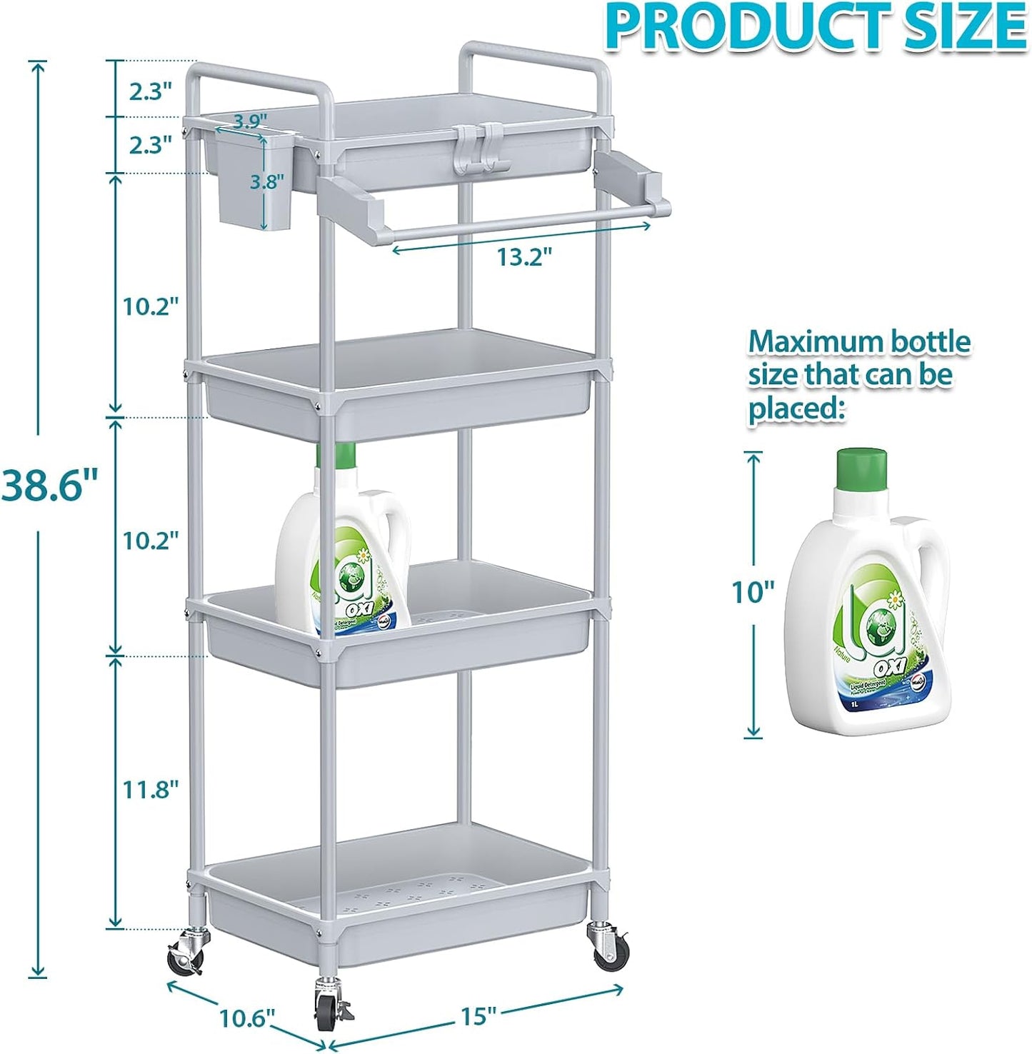 SPACEKEEPER Rolling Storage Cart, 4-Tier Bathroom Organizer Utility Cart Laundry Room Organization Mobile Shelving Unit with Towel Rack, Lockable Wheel, Hooks & Cup for Kitchen Bedroom Office, White