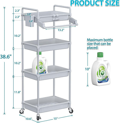 SPACEKEEPER Rolling Storage Cart, 4-Tier Bathroom Organizer Utility Cart Laundry Room Organization Mobile Shelving Unit with Towel Rack, Lockable Wheel, Hooks & Cup for Kitchen Bedroom Office, White