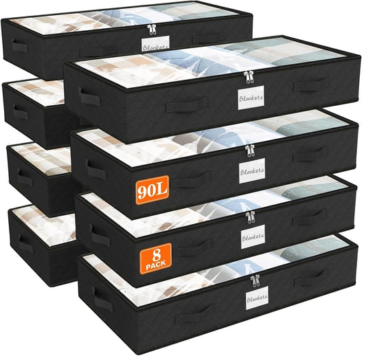 SpaceWhisper 90L Under Bed Storage Containers, 4-Pack Storage Bins with Clear Top, Foldable Closet Organizers and Storage with Label Holder for Clothing, Blankets, Comforter & Pillows (Grey)