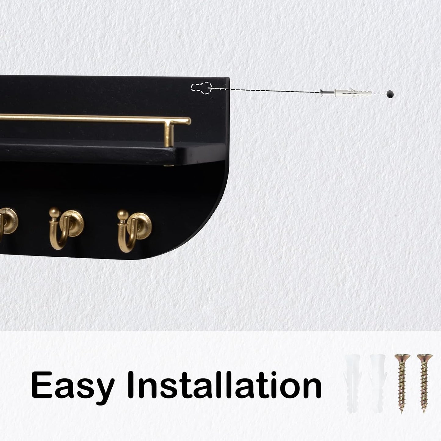 Key Holder for Wall, Decorative Key and Mail Organizer with 6 Sturdy Metal Hooks and Floating Shelf, 14 Inches Wood Wall Mounted Key Rack for Entryway, White and Gold