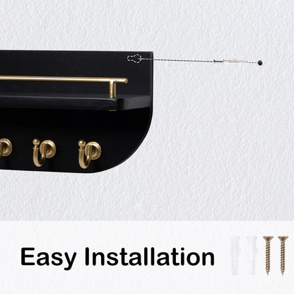 Key Holder for Wall, Decorative Key and Mail Organizer with 6 Sturdy Metal Hooks and Floating Shelf, 14 Inches Wood Wall Mounted Key Rack for Entryway, White and Gold