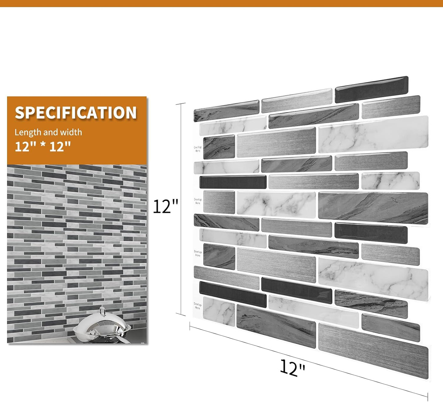 WOWSTAR 10-Sheet Peel and Stick Backsplash Tile for Kitchen, Back Splash Stick On Tiles for Kitchen Wall (Grey and Blue)