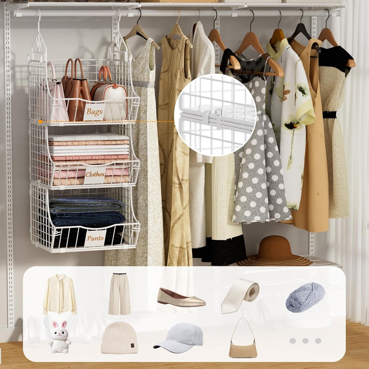 Hanging Closet Organizers and Storage, 3 Tier Closet Shelf Clothes Organizer with 2 S-Hooks, Multi-Functional Iron Wire Baskets, for Clothing, Sweaters, Handbags, Hat, Canned