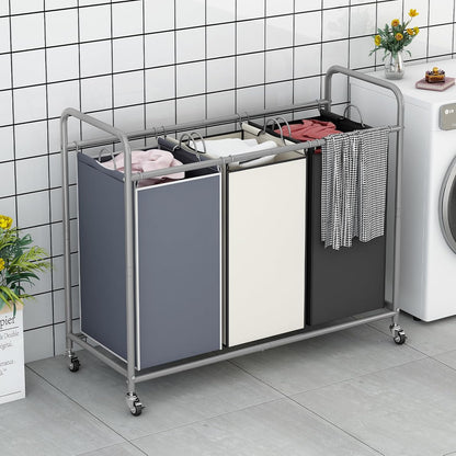 LINZINAR 3-Bag Laundry Hamper, Black Laundry Basket, 35.6 Gal(135 L) Laundry Sorter Cart Laundry Room Organization with Heavy Duty Rolling Lockable Wheels and Removable Bags