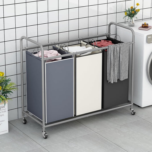 LINZINAR 3-Bag Laundry Hamper, Black Laundry Basket, 35.6 Gal(135 L) Laundry Sorter Cart Laundry Room Organization with Heavy Duty Rolling Lockable Wheels and Removable Bags