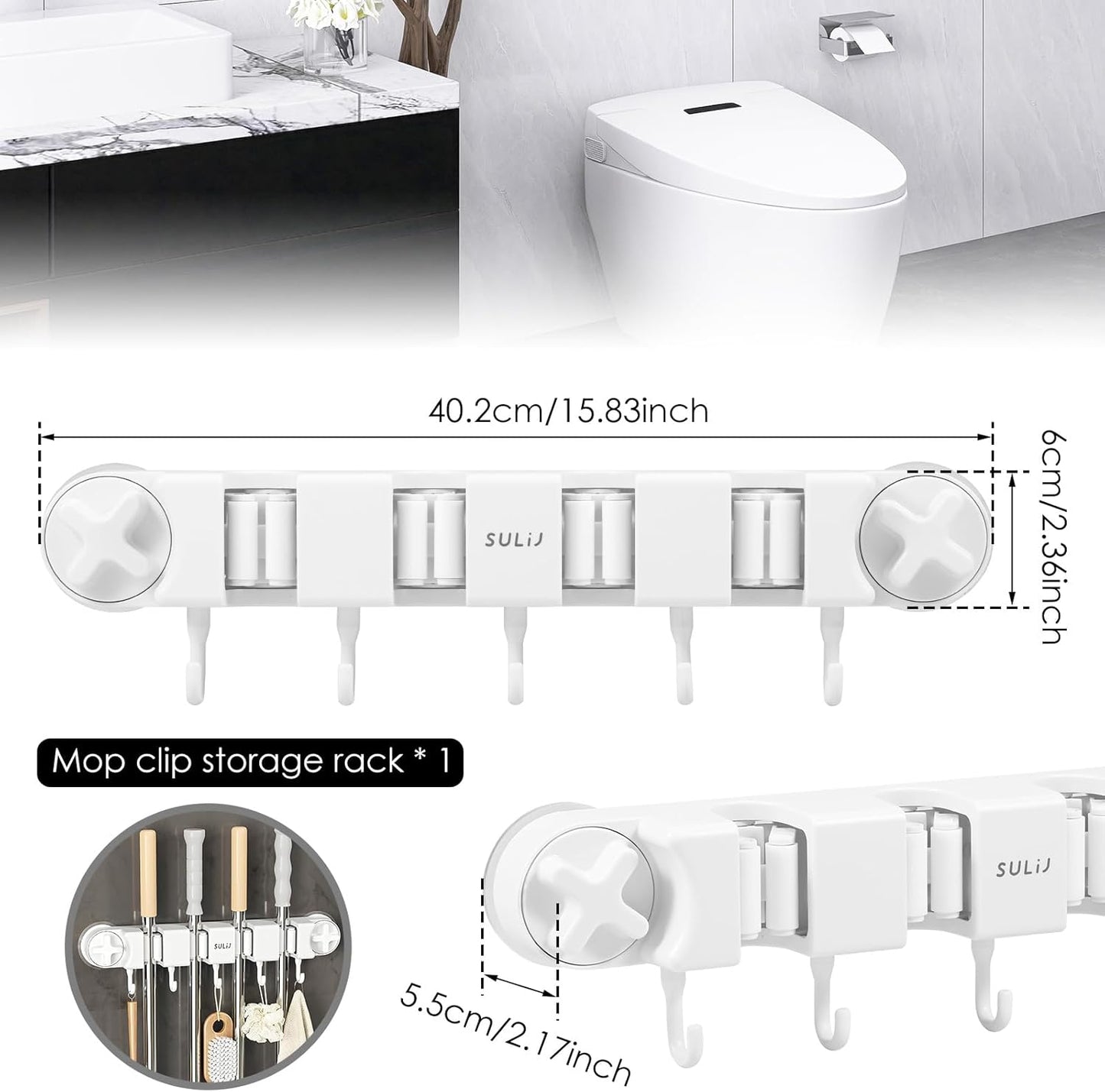 Broom Holder Wall Mount Sturdy Mop and Broom Organizer with 4 Racks and 5 Hooks Vacuum Suction Cup Broom Mop Holder for Home, kitchen, Garden, Tools, Garage