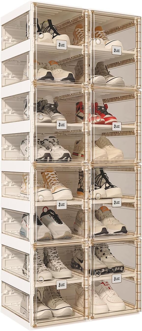 ANTBOX Collapsible Shoe Boxes Clear Plastic Stackable, Quick Setup Drop Front Shoe Organizer, Display Storage Cabinet for Sneakers10 Tiers 20 Pairs