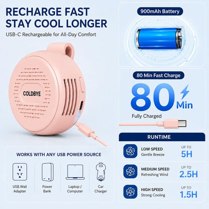 ColdBye Bladeless Shirt Clip Fan for Waist & Clothing, Wearable Personal Cooling Fan with 3 Speeds, USB-C Rechargeable Hands-Free Mini Portable Fan for Work, Travel, Camping & Outdoor Activities