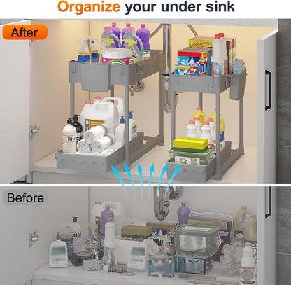 Sevenblue 4-Pack 2-Tier Under Sink Organizer with Pull Out Drawers | Multi-use kitchen & bathroom storage. Includes hanging hooks and cups. Black, space-saving cabinet design.