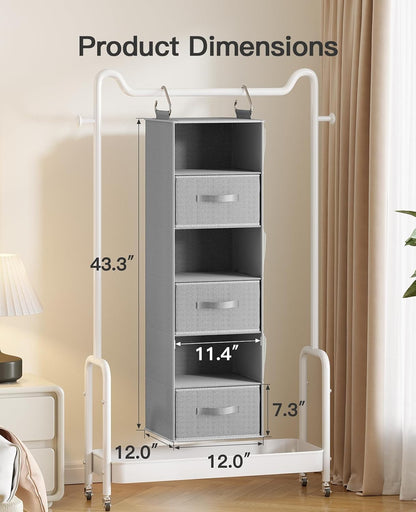 Pipishell Hanging Closet Organizer 6-Shelf, Hanging Shelves for Closet with 3 Removable Drawers & Side Pockets for Bedroom, Garment Rack and Wardrobe Organization, 12' x 12' x 43.3', Dark Gray