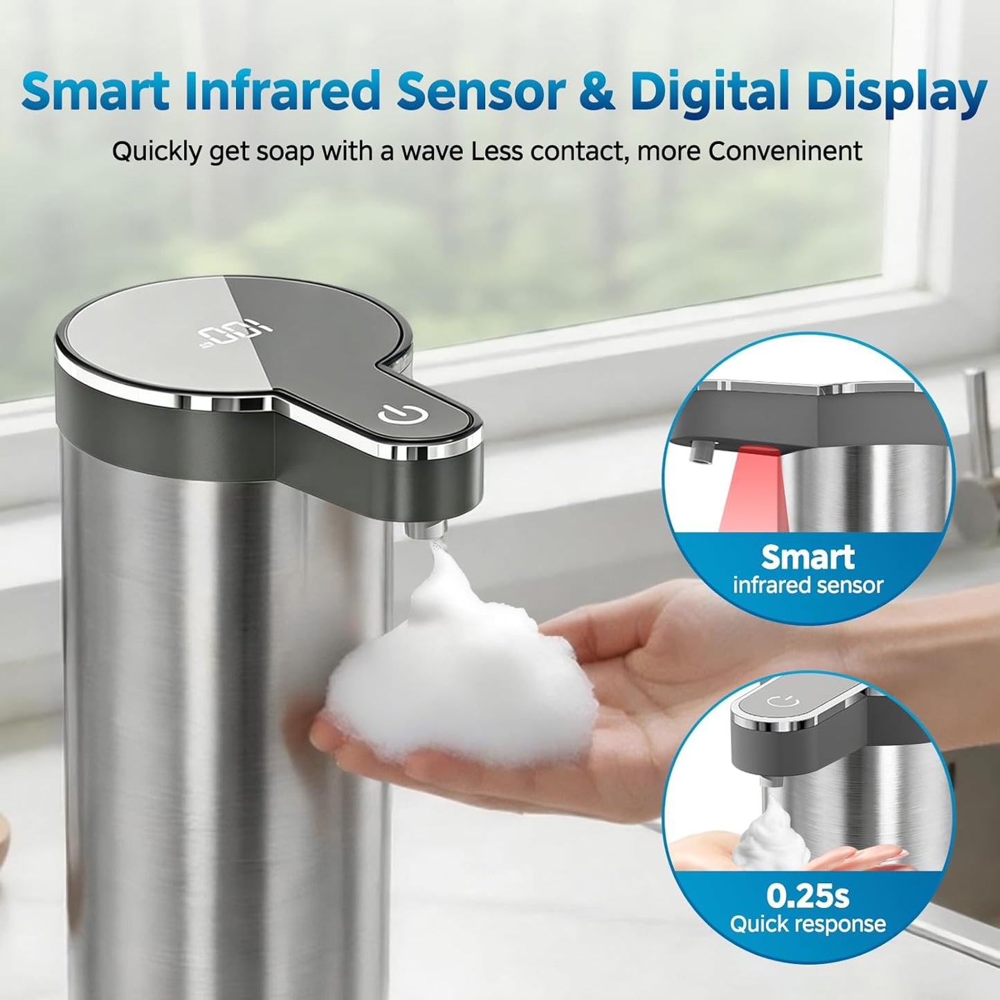 Automatic Foaming Soap Dispenser,Touchless Foam Soap Dispenser,12oz Rechargeabled Wall Mounted Smart for Bathroom and Kitchen Dish Soap,Easy for Toddlers（Brushed Silver）