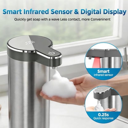 Automatic Foaming Soap Dispenser,Touchless Foam Soap Dispenser,12oz Rechargeabled Wall Mounted Smart for Bathroom and Kitchen Dish Soap,Easy for Toddlers（Brushed Silver）