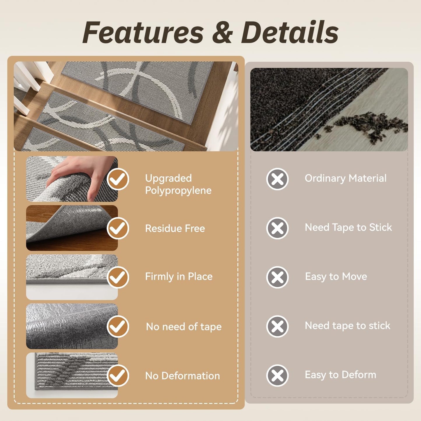 PADOOR Stair Treads Non Slip 15 PCS, 3D Peel and Stick Stair Treads for Wooden Steps Indoor, Residue-Free Adhesive Stair Runner for Kids, Elders & Pets, Washable Carpet for Stairs,8"x30",Brown