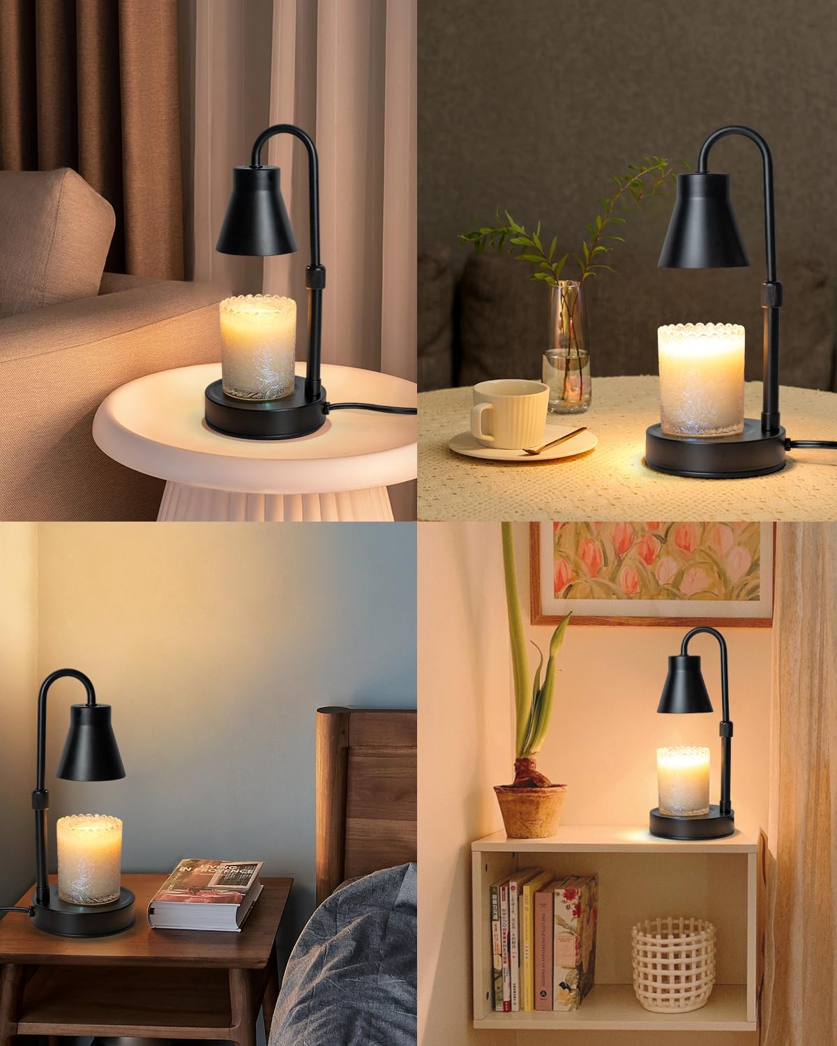 Elenhome Candle Warmer Lamp with Adjustable Height, Stepless Dimming Function-Home Decor Lamp, Metal Candle Lamp for Jar Candles, No Flame Scented Candle Warmer with 2 Bulbs (Black)