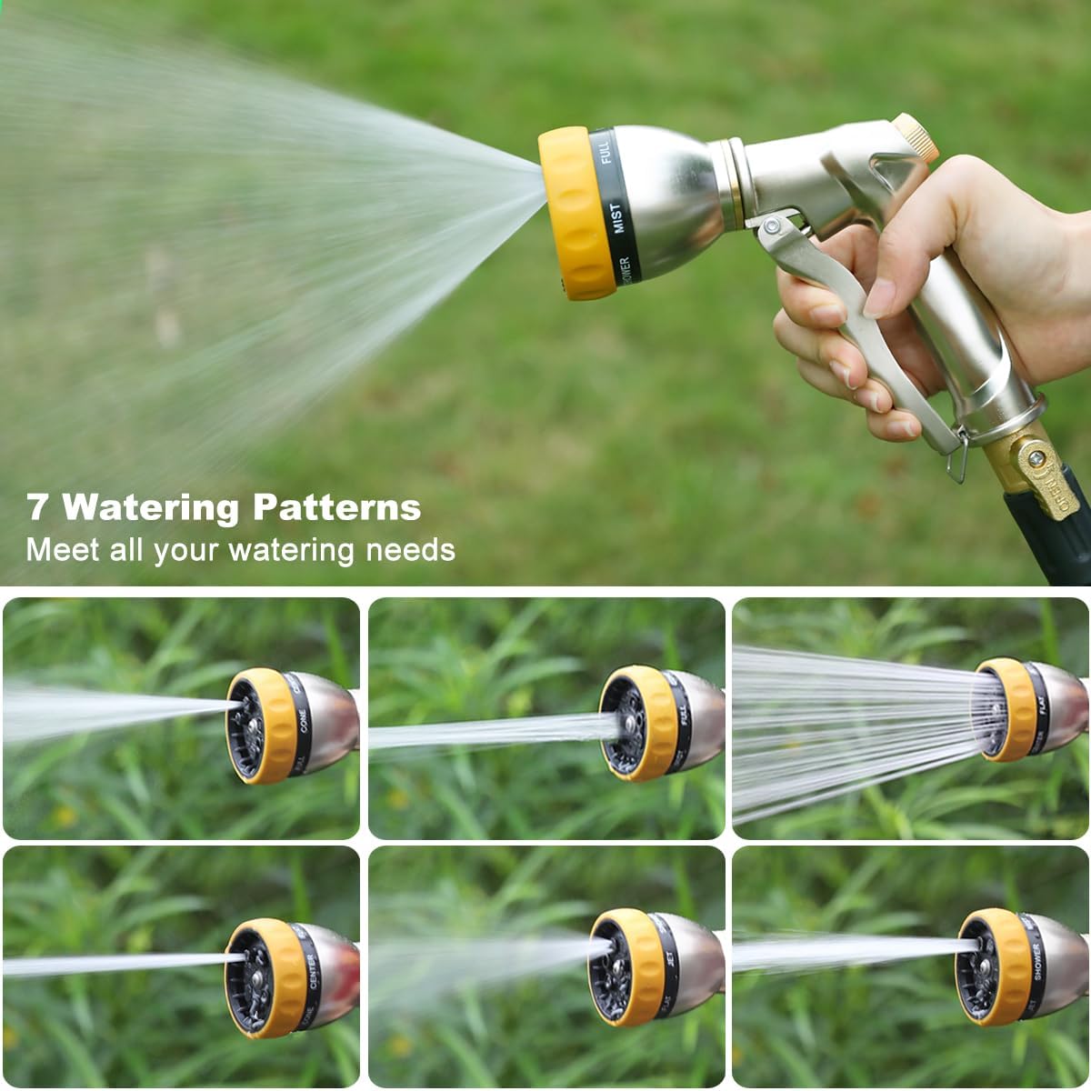 FANHAO Garden Hose Nozzle Heavy Duty Metal Spray Nozzle with Thumb Control, High Pressure Water Nozzle with 8 Adjustable Spray Patterns for Watering Plants, Washing Cars and Showering Pets