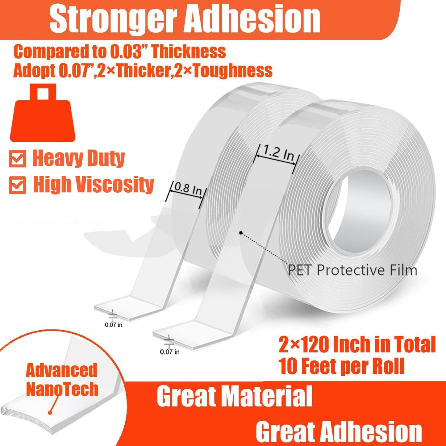 Double Sided Heavy Duty Extra Strong Adhesive Tape - 1.2 Inch x 10 feet - Removable Nano Tape for Poster Carpet Picture Hanging Strip Rug Wall Outdoor - Adhesive Multipurpose Clear Mounting Tape