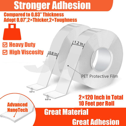 Double Sided Heavy Duty Extra Strong Adhesive Tape - 1.2 Inch x 10 feet - Removable Nano Tape for Poster Carpet Picture Hanging Strip Rug Wall Outdoor - Adhesive Multipurpose Clear Mounting Tape