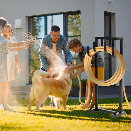 Garden Hose Holder with Stable Base and Tool Hooks, GAVISCITY Heavy-Duty Metal Hose Hanger Garden Hose Storage Holds 151Ft Hose, Rustproof Freestanding Water Hose Holder for Outside, Yard, Lawn, Black