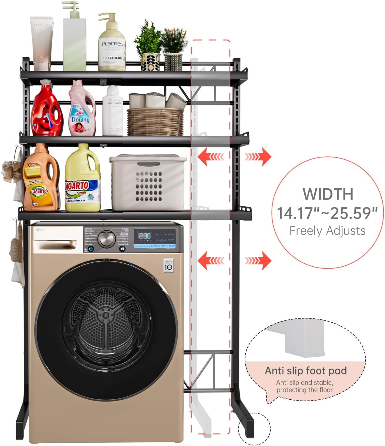 Carbon Steel Over Washer and Dryer Shelf, 2 Tier Bulkhead Laundry Room Storage and Organization Riser, Above Toilet Rack, (14.17“-25.59”) W*15.75 “D*63.39 ”H, White