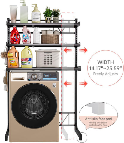 Carbon Steel Over Washer and Dryer Shelf, 2 Tier Bulkhead Laundry Room Storage and Organization Riser, Above Toilet Rack, (14.17“-25.59”) W*15.75 “D*63.39 ”H, White