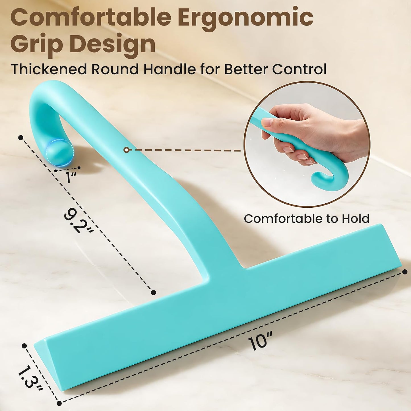 Shower Squeegee for Glass Doors - 10 Inch Bathroom Squeegee with Ergonomic Round Grip, Built-in Hook, Streak-Free No-Squeak Silicone Blade for Shower Glass, Tile Walls, Mirrors & Windows, Black