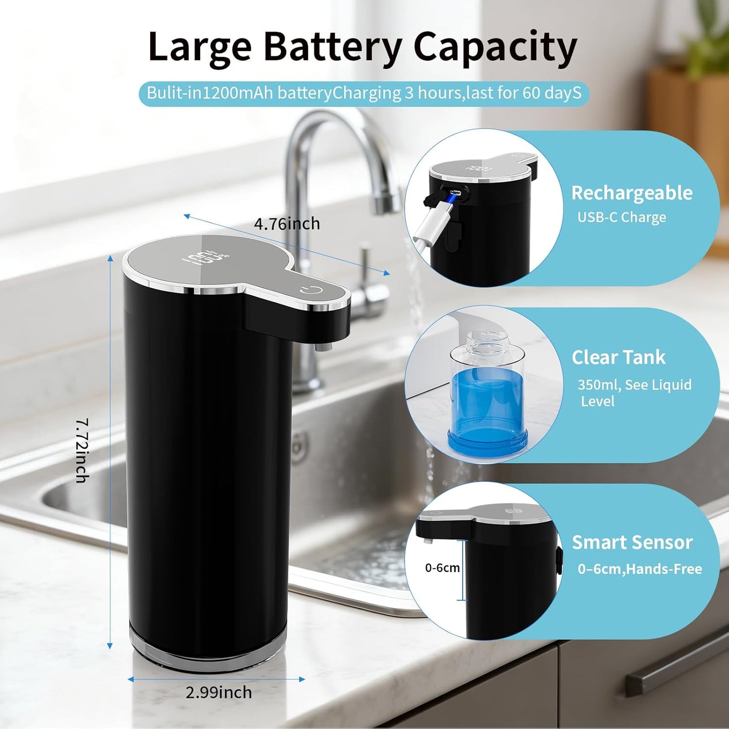 Automatic Foaming Soap Dispenser,Touchless Foam Soap Dispenser,12oz Rechargeabled Wall Mounted Smart for Bathroom and Kitchen Dish Soap,Easy for Toddlers（Brushed Silver）
