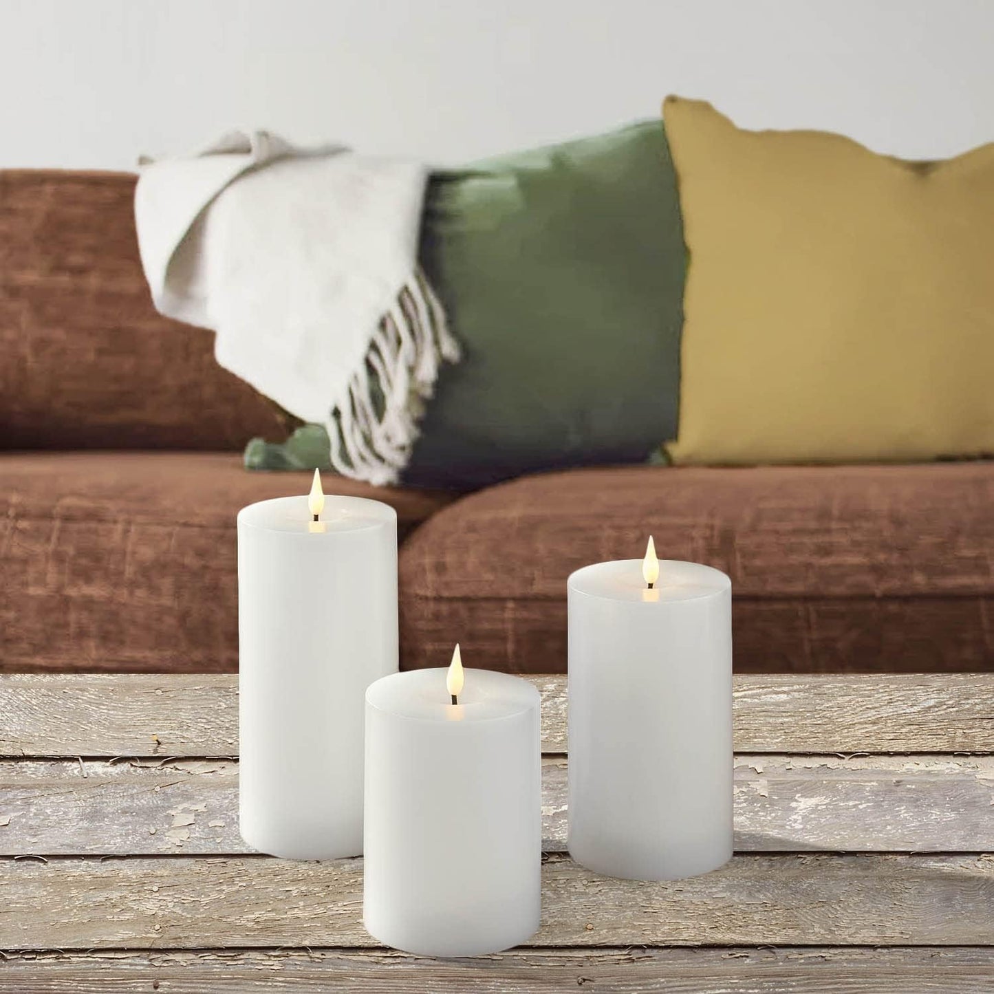 LampLust Realistic Flameless Pillar Candles with Remote, Set of 3, Batteries Included, Real White Wax, 3D Flickering LED Flame, 3 Inch Pillar Candles, Spring Decor, Centerpieces for Tables