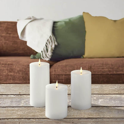 LampLust Realistic Flameless Pillar Candles with Remote, Set of 3, Batteries Included, Real White Wax, 3D Flickering LED Flame, 3 Inch Pillar Candles, Spring Decor, Centerpieces for Tables