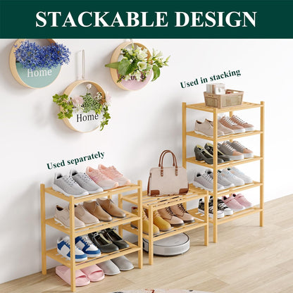 Smiry Bamboo Shoe Rack, 3 Tier Free Standing Wooden Shoe Organizer, Stackable Wood Shoe Storage Shelf for Closet, Entryway, 5 Horizontal Slats, 26.8"x11"x18.3", Natural