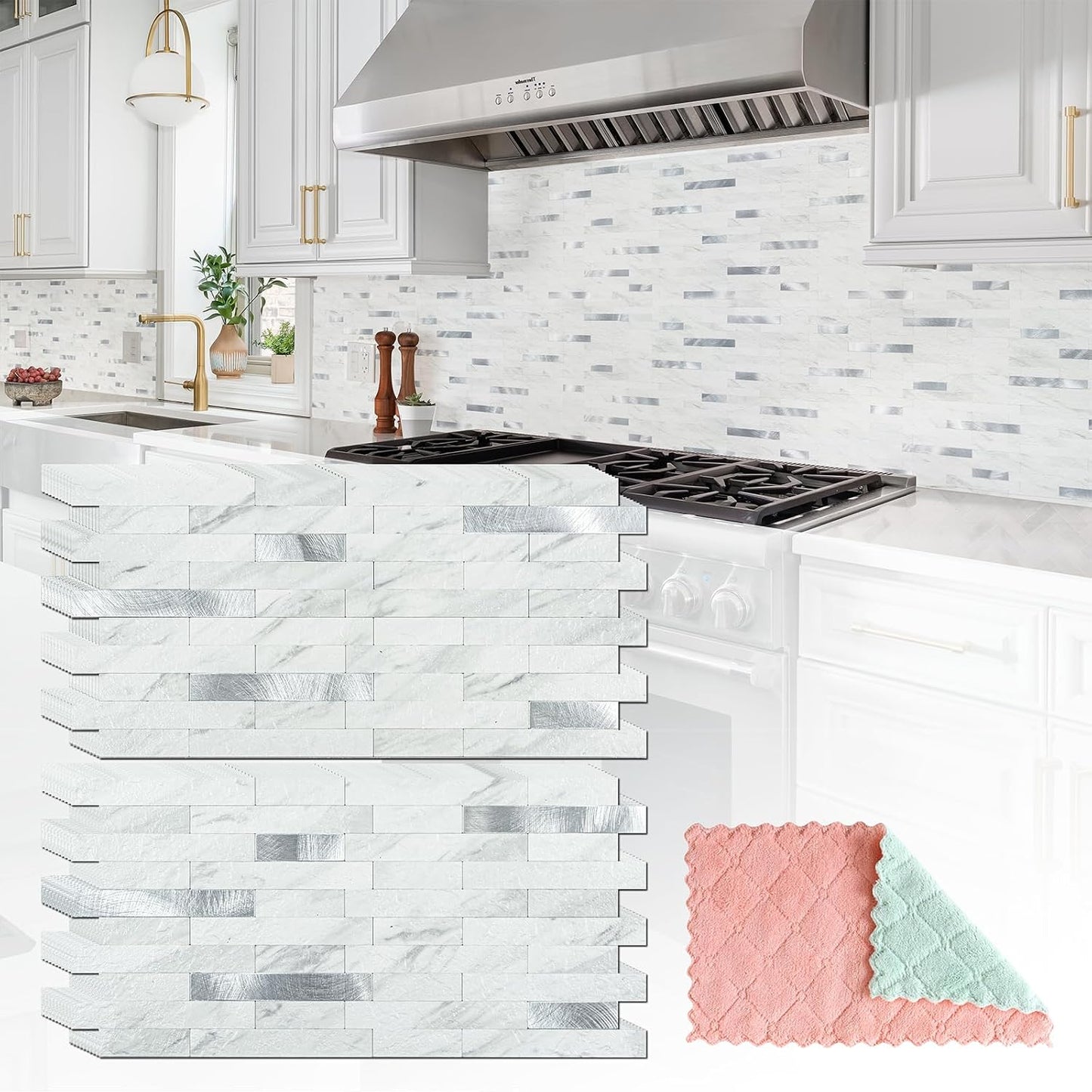 StyloVue 20 Sheets Peel and Stick Backsplash for Kitchen, White Marble with Metal Silver Look Stick on Tile Upgrade Your Kitchen Backsplash, RV, Fireplace