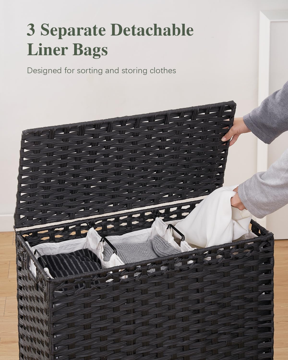 SETVSON Laundry Hamper with Lid 132 L, (35 Gallons) Clothes Hamper with Lid, Handwoven Rattan Laundry Hamper with Metal Heightened Feet, Laundry Hampers with 3 Removable Liner Bags for Laundry-Natural