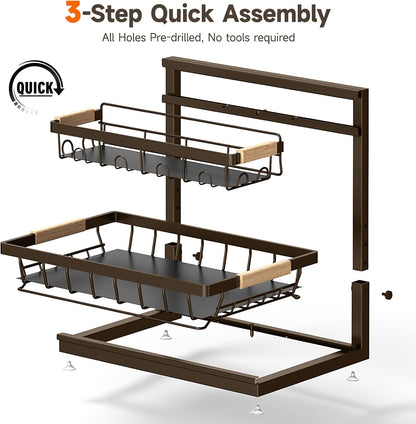 Sevenblue 2-Pack 2-Tier Height Adjustable Under Sink Organizer & Storage | Multi-purpose storage for kitchen & bathroom cabinet. Large brown shelf, height adjustable design for space-saving.