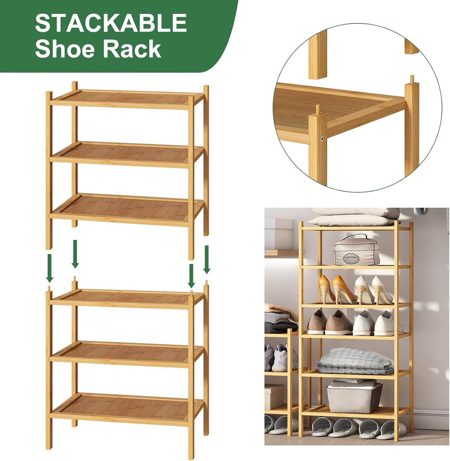 kiplant Small Shoe Rack, 4-Tier Bamboo Wood Shoe Rack for Entryway, Stackable Shoe Organizer for Hallway Closet, Free Standing Shoe Racks for Indoor & Outdoor