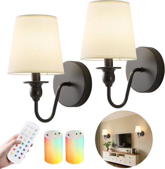 Battery Operated Wall Sconces set of Two,Wireless Wall Sconces with 10000mAh Dimmable Bulb and Remote,LED 15 Colors Rechargeable Gold Wall Sconce with Fabric for Bedroom Living Room Hallway Wall Decor