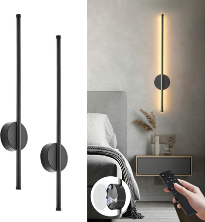 Battery Operated Modern Wall Sconces, Dimmable Wireless Wall Light Set of Two with Remote Control, 3 Color Temperatures, Rechargeable LED Wall Sconce for Bedroom, Living Room, Hallway, 23.6 Inch Brass